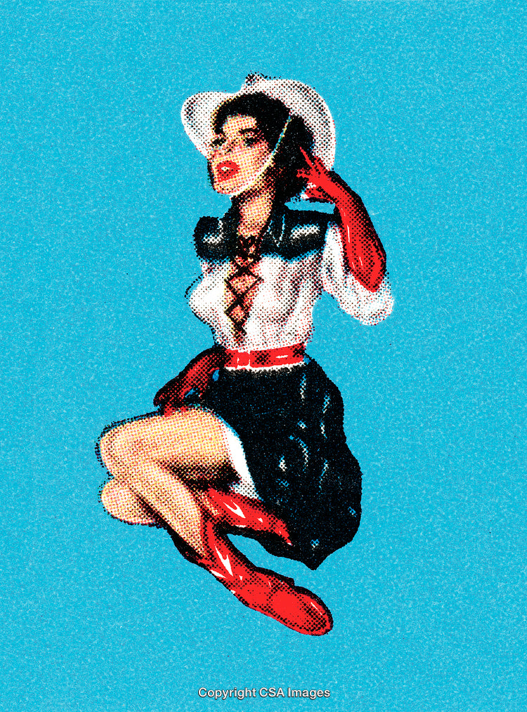 Retro Pin-Up Style Cowgirl in Western Themed Attire on Blue Background