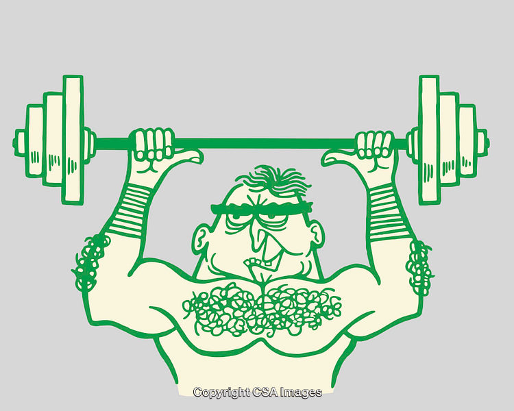Humorous Line Art of a Strongman Lifting a Barbell with Determination