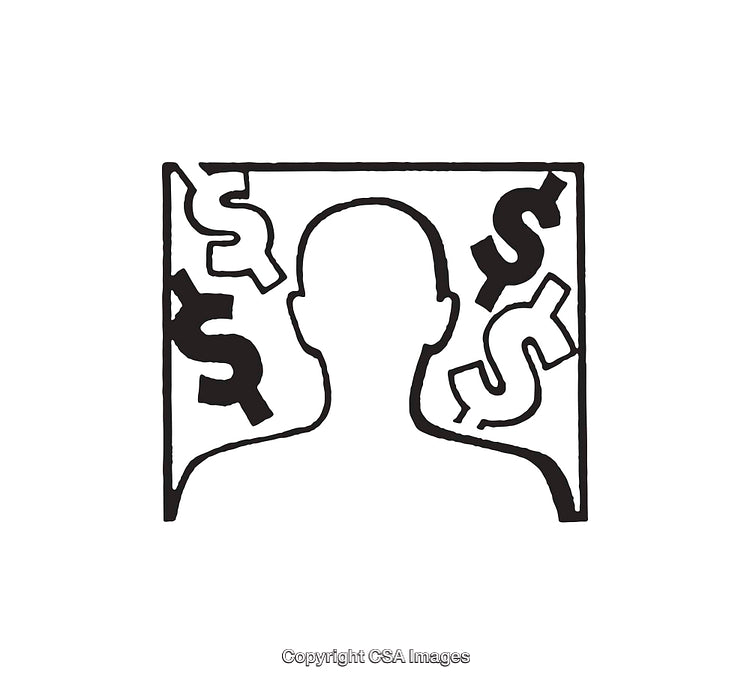 Black And White Line Art Illustrating Person And Dollar Signs