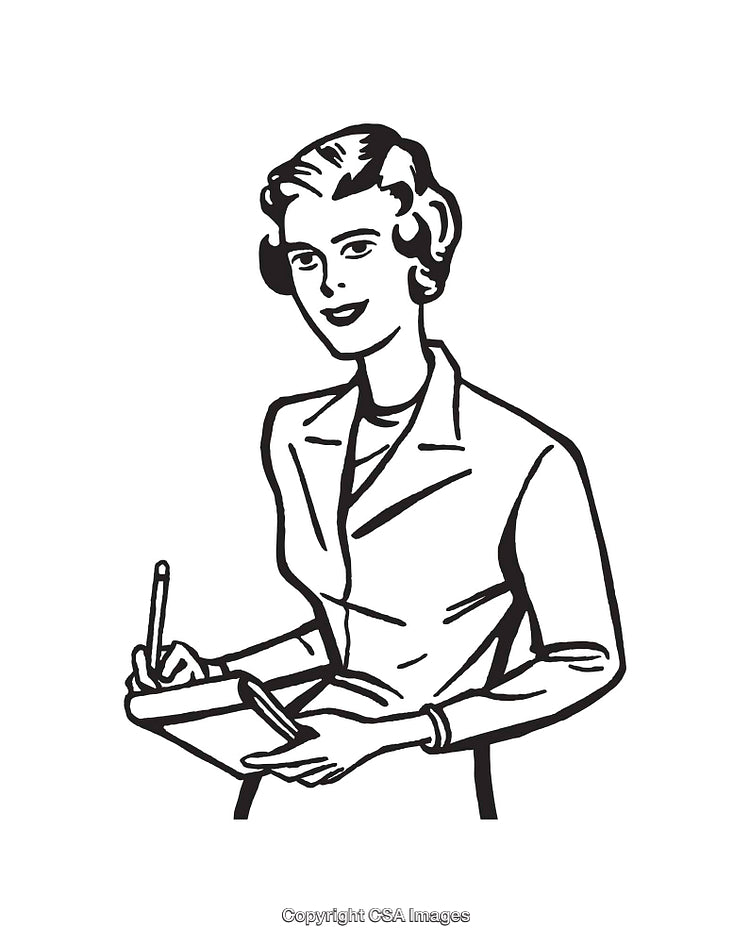 Black and White Illustration of a Woman Writing Notes in Notebook