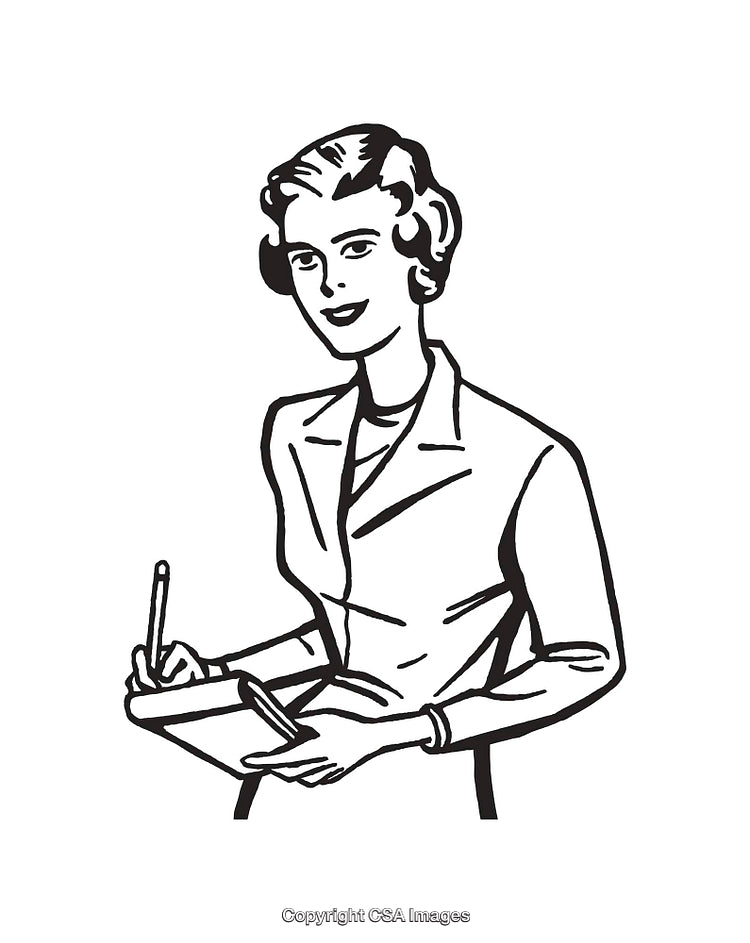 Black and White Illustration of a Woman Writing Notes in Notebook