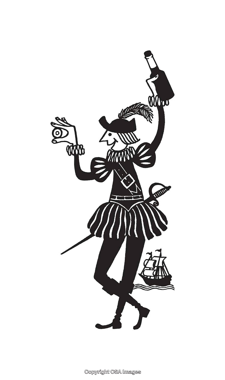 Black and White Illustration of a Jester With a Bottle and Toy Ship