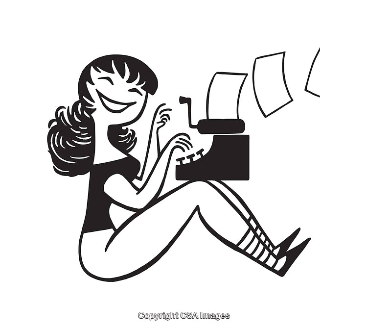 Retro Style Black and White Illustration of Woman Typing