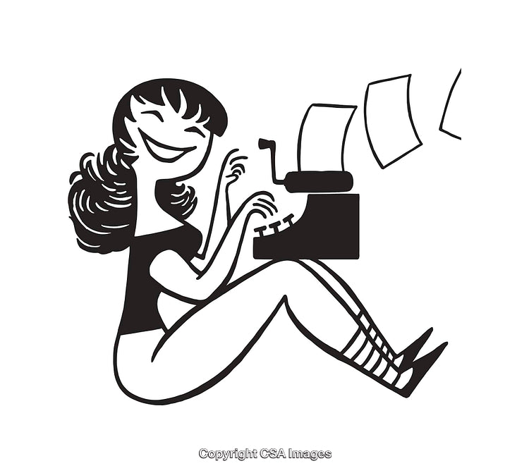 Retro Style Black and White Illustration of Woman Typing