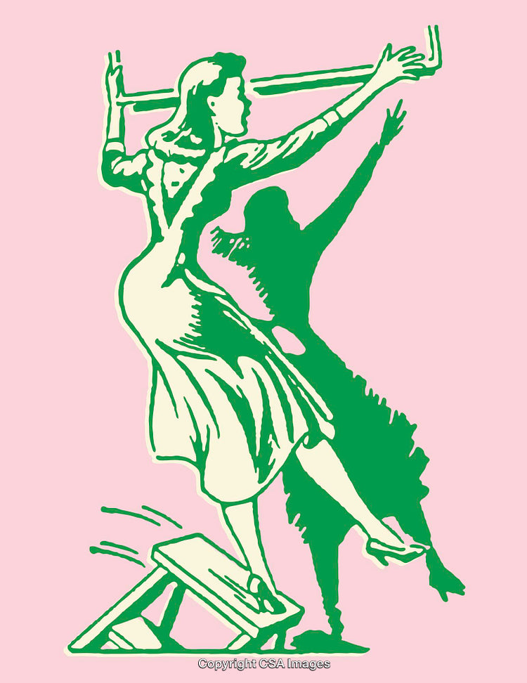 Retro Style Illustration of Woman Balancing on Stool with Dynamic Movement