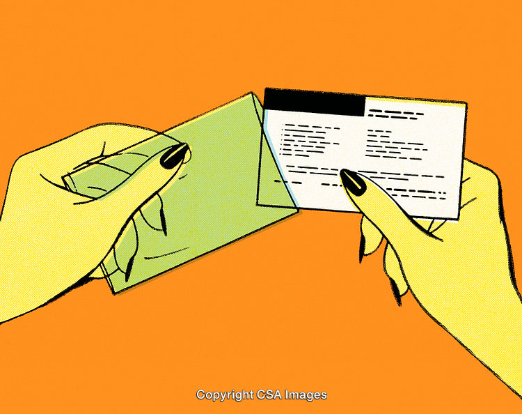 Yellow Hands Holding a Card and Envelope with an Orange Background