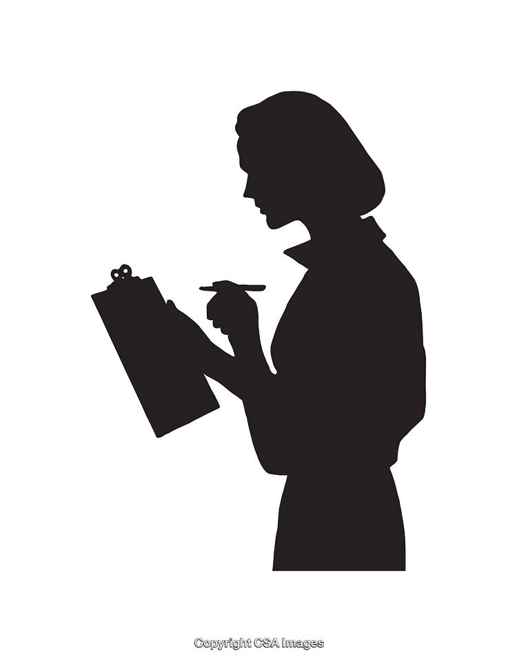 Silhouette of a Woman Writing on a Clipboard in Profile View