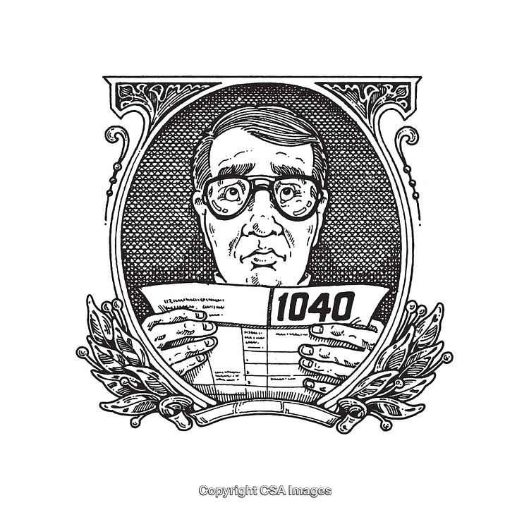 Detailed Vintage Illustration of a Taxpayer Holding Form 1040 in a Frame