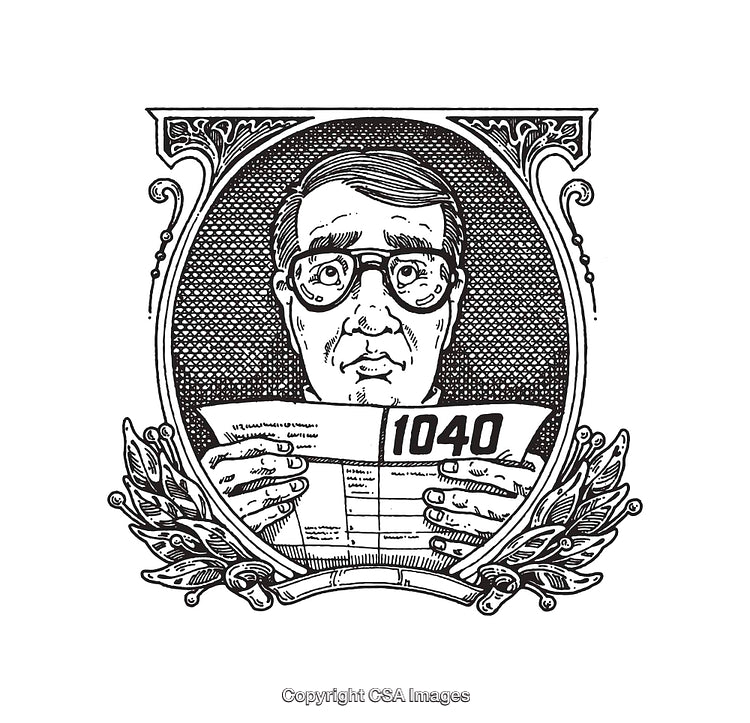 Detailed Vintage Illustration of a Taxpayer Holding Form 1040 in a Frame