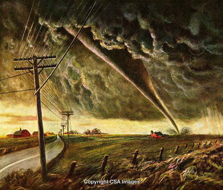 Severe Tornado Over Farmland with Dramatic Clouds and Rural Landscape