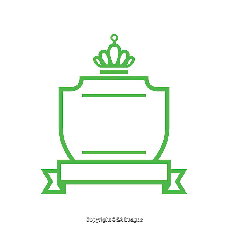Green Outline of a Crest with Crown and Ribbon on White Background