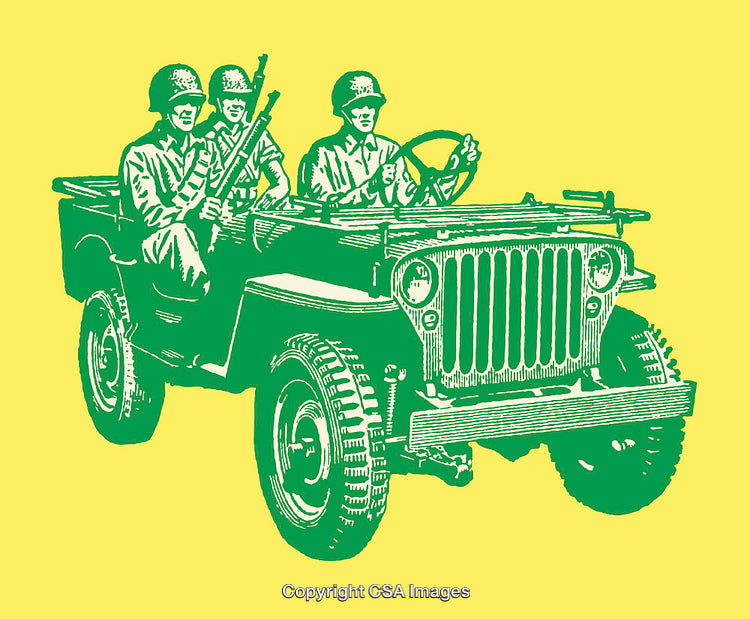 Illustration of Soldiers in a Military Jeep Drawing Style