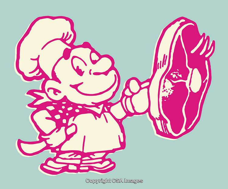 Cartoon Chef Holding a Steak in Retro Color Style Illustration