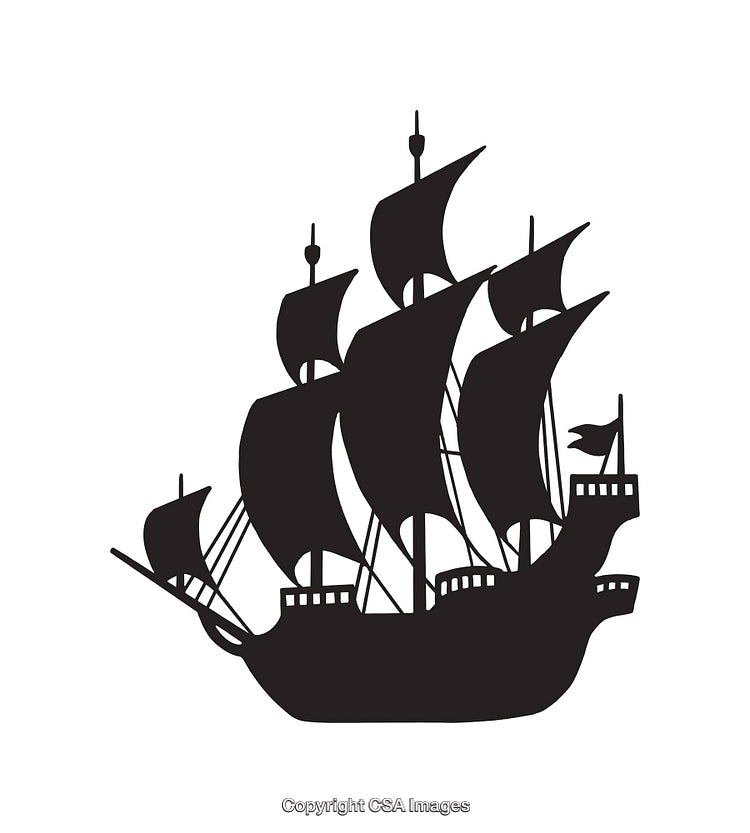 Silhouette Black-and-White Illustration of a Historic Sailing Ship