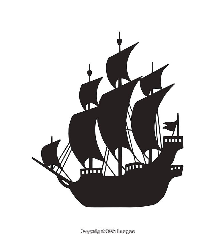 Silhouette Black-and-White Illustration of a Historic Sailing Ship
