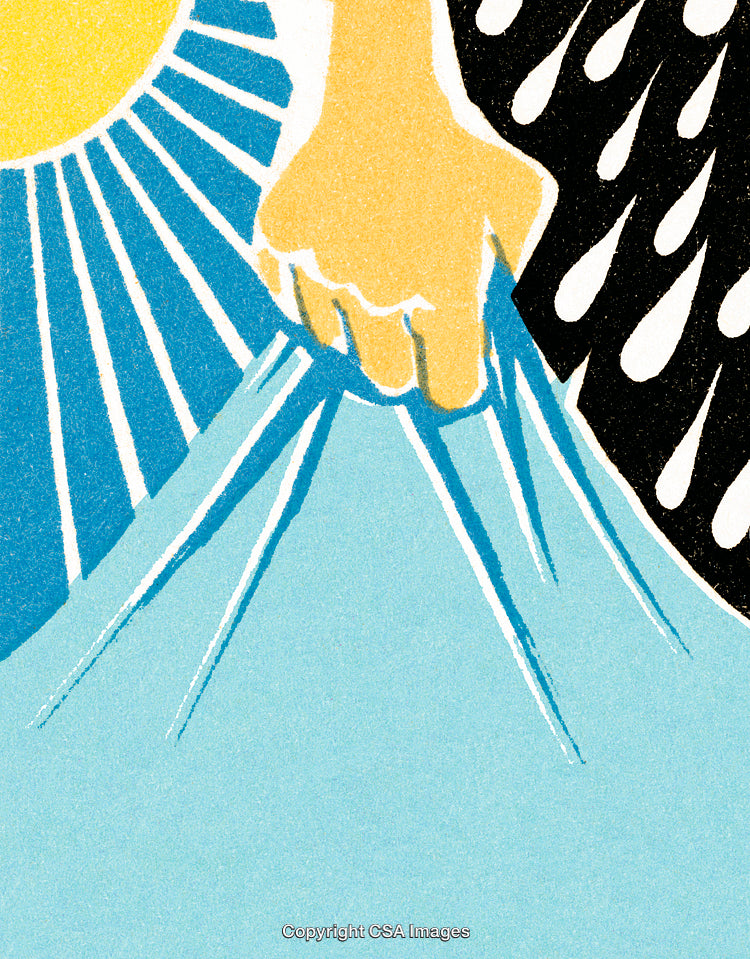 Hand Illustrating Day Turning into Night with Sun and Raindrops