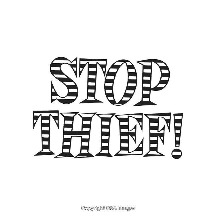 Bold Stop Thief Design with Striped Lettering on White Background