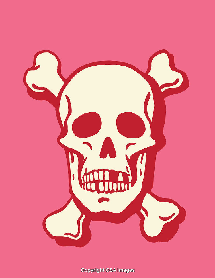 Cartoon Skull and Crossbones with Bold Colors on Pink Background