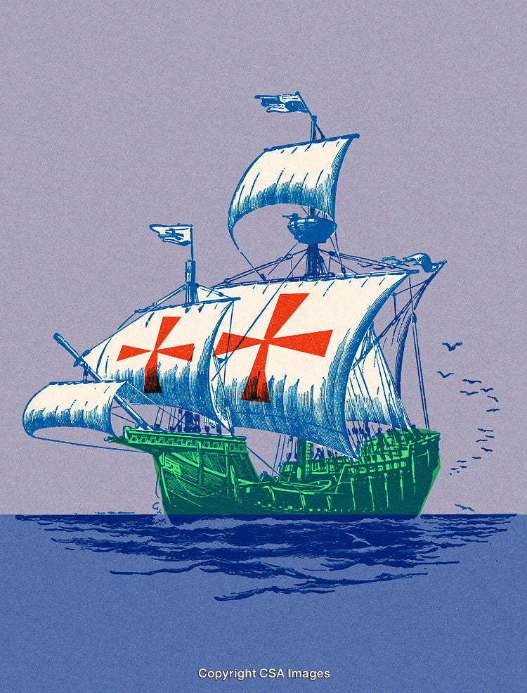 Historic Sailboat with Decorative Crosses on the Open Ocean, Art Illustration