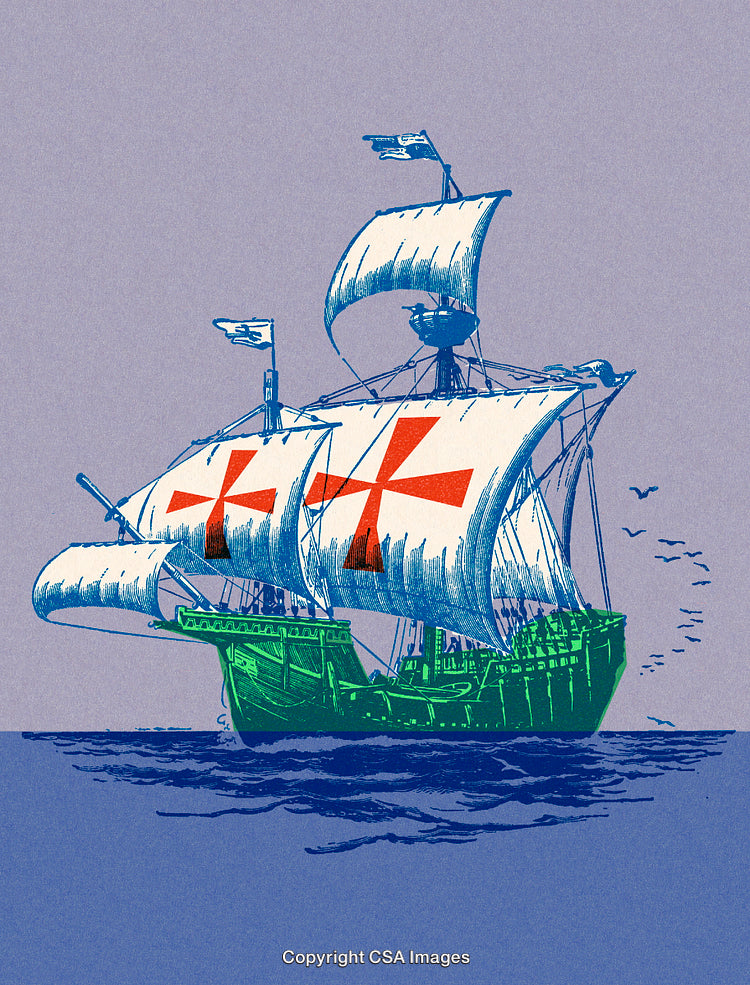 Historic Sailboat with Decorative Crosses on the Open Ocean, Art Illustration