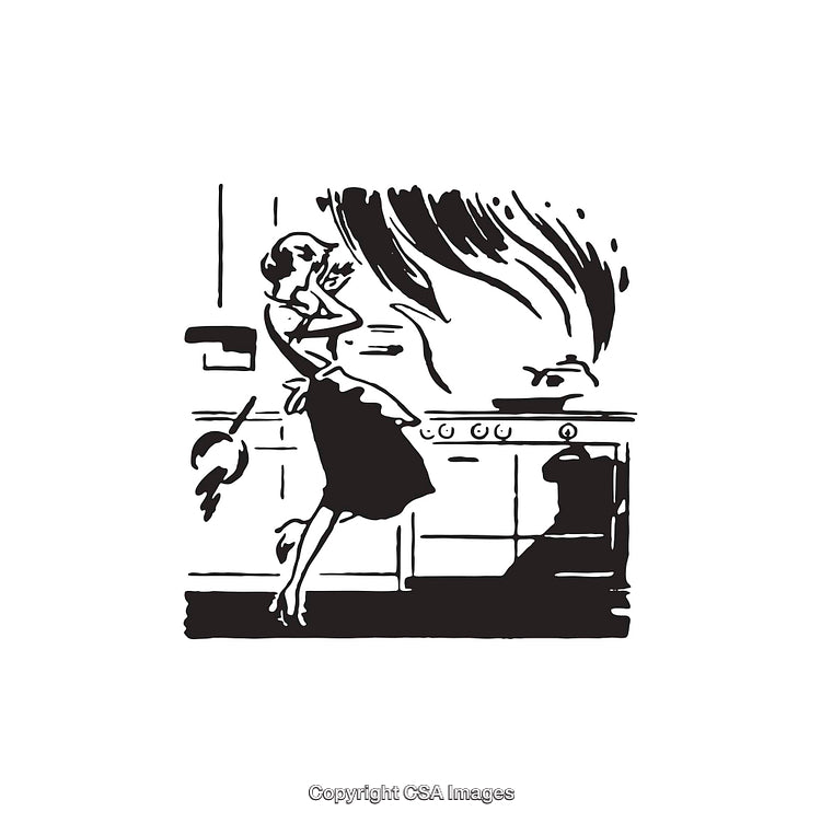 Retro Line Art Illustration of a Woman and a Kitchen Fire Incident