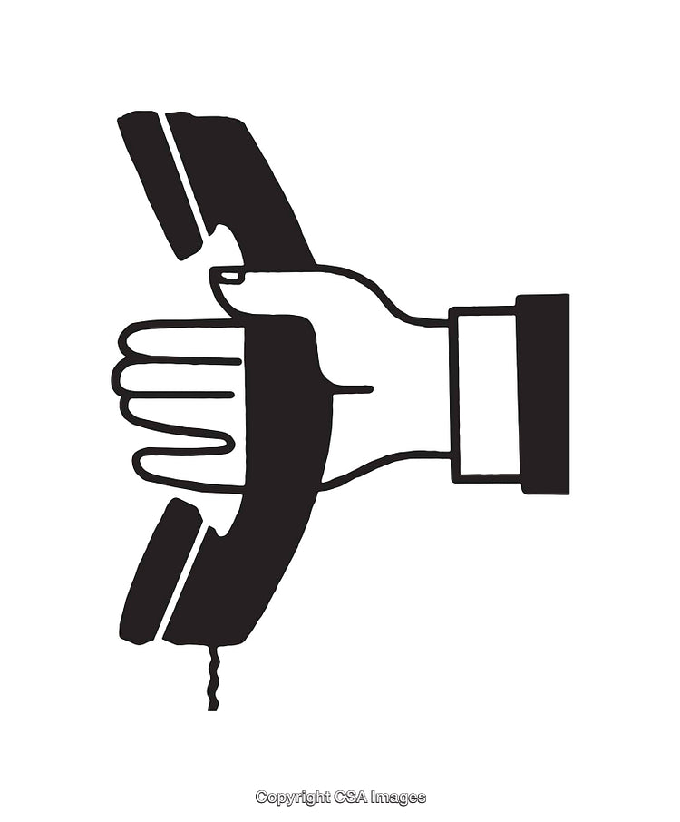Hand Holding a Vintage Telephone Handset in Black and White Line Art