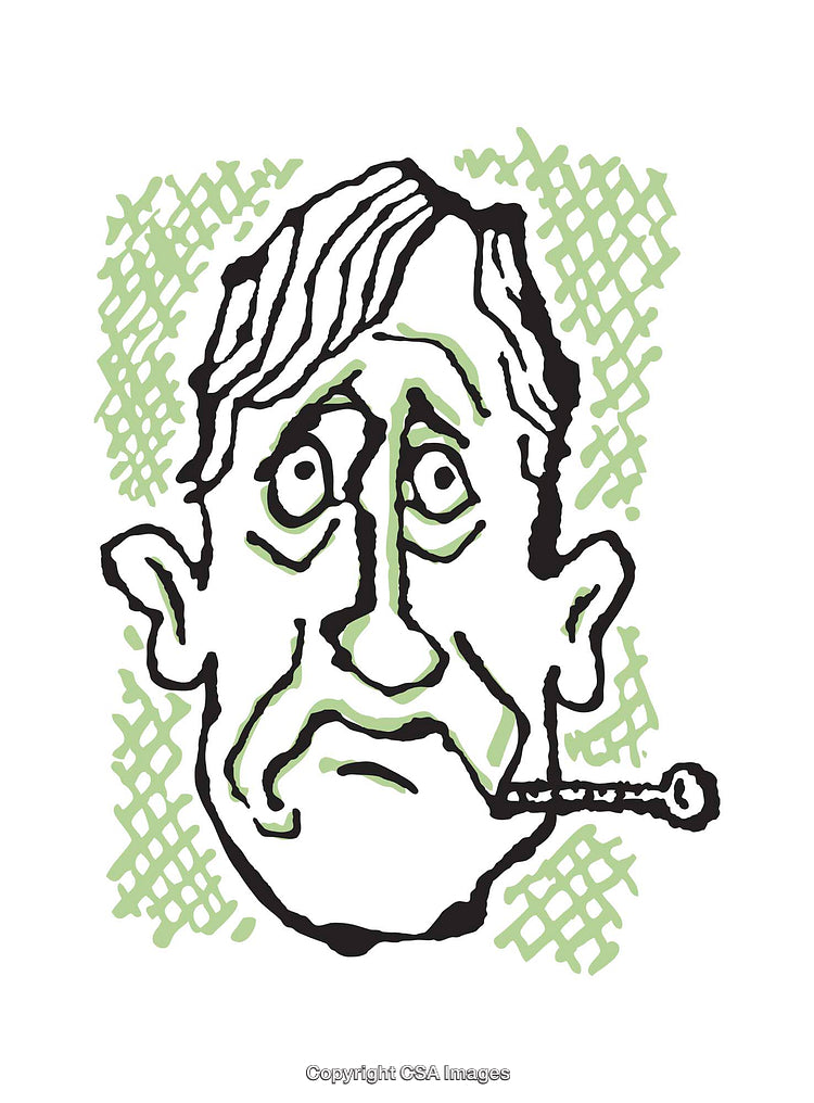 Hand-Drawn Illustration of a Sick Character with a Thermometer and Uneasy Expression