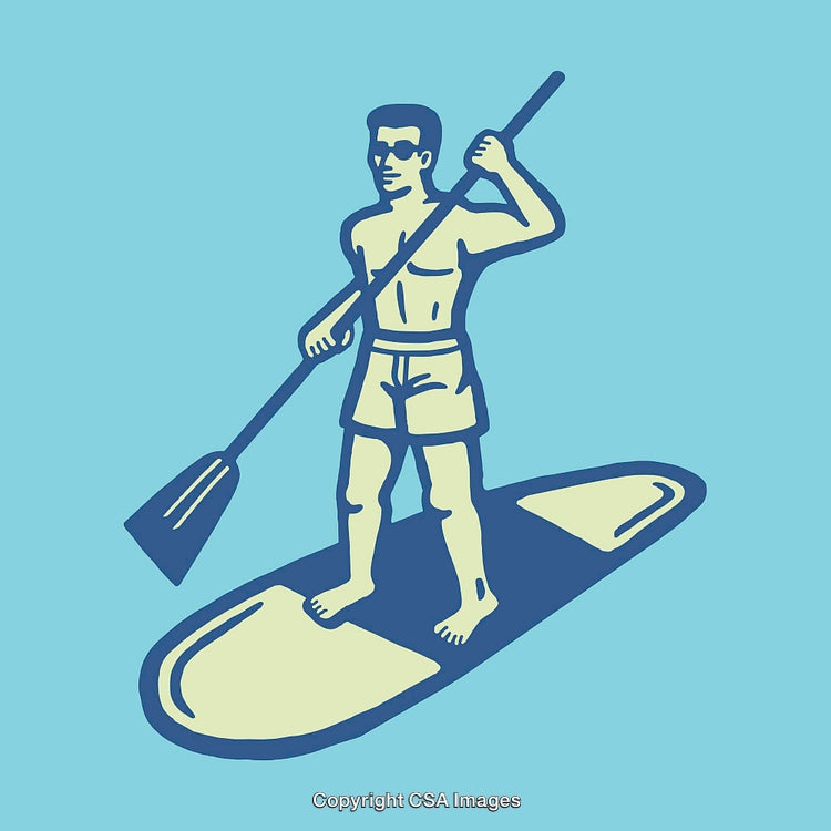 Stylized Line Art of a Paddleboarder in Cool Blue Tones