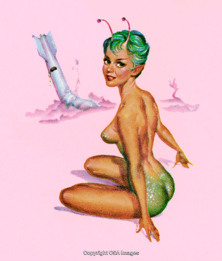 Retro Green-Haired Alien Woman in a Colorful Sci-Fi Illustration