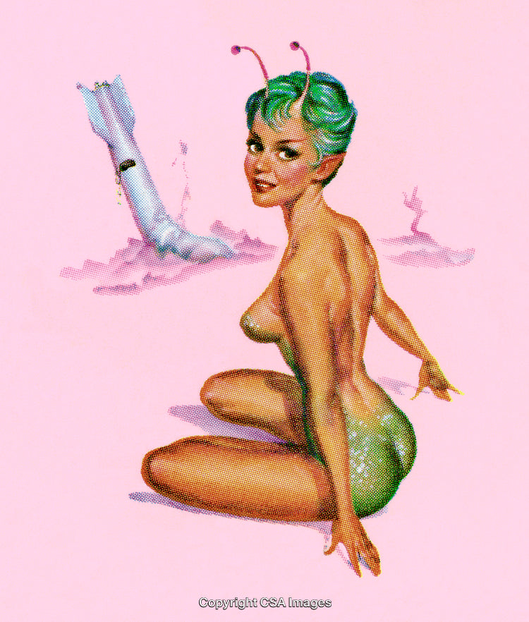 Retro Green-Haired Alien Woman in a Colorful Sci-Fi Illustration
