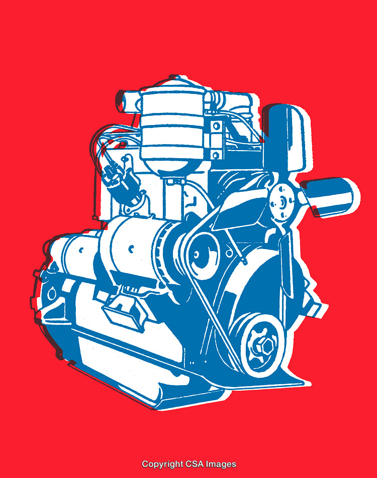 Illustration of a Mechanical Engine in a Bold Red and Blue Style