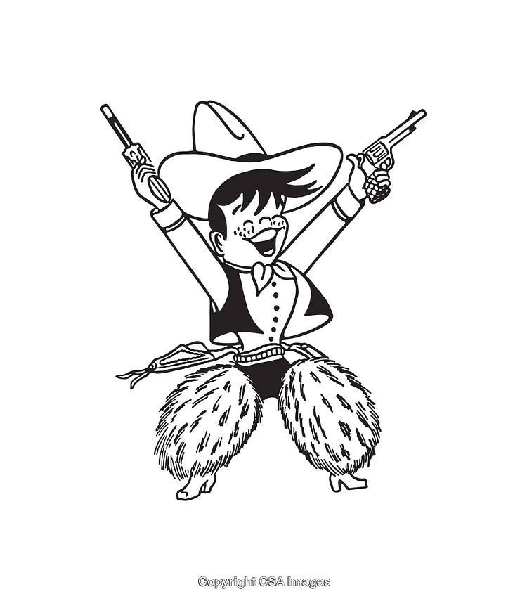 Excited Cowboy Character With Pistols in Black and White Line Art