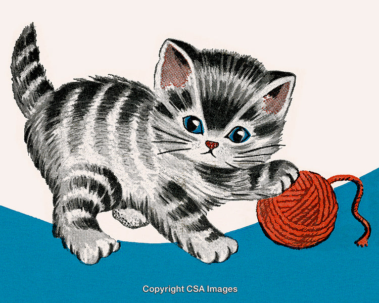 Cute Kitten Playing With an Orange Yarn Ball on a Blue Background