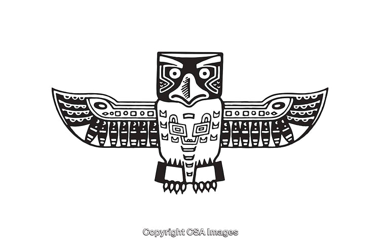 Black and White Line Art Illustration of a Stylized Tribal Bird Design