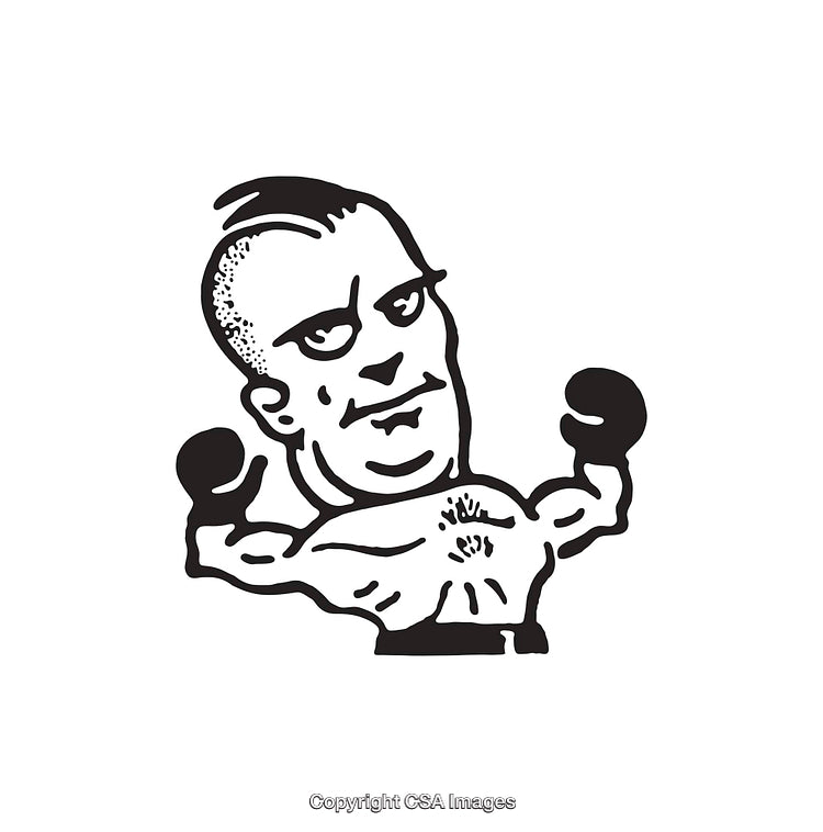 Black and White Line Art Illustration of a Boxer with Raised Hands