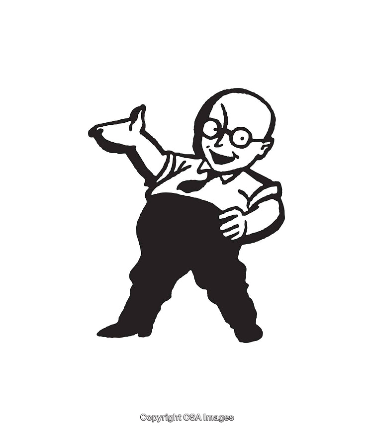 Black and White Illustration of a Cheerful Bald Character Posing