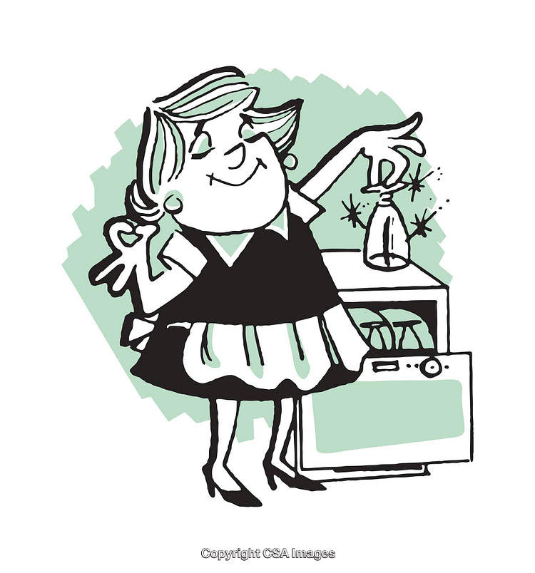 Retro-Style Illustration of Homemaker in Kitchen Performing Daily Tasks