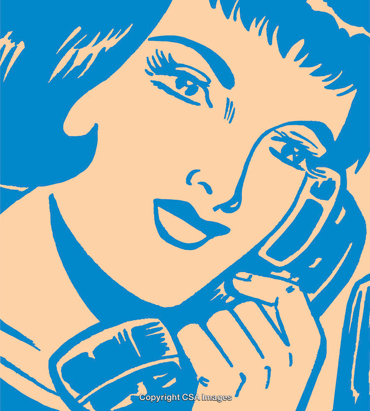 Pop Art Illustration of Woman Talking on Phone in Retro Blue and Beige