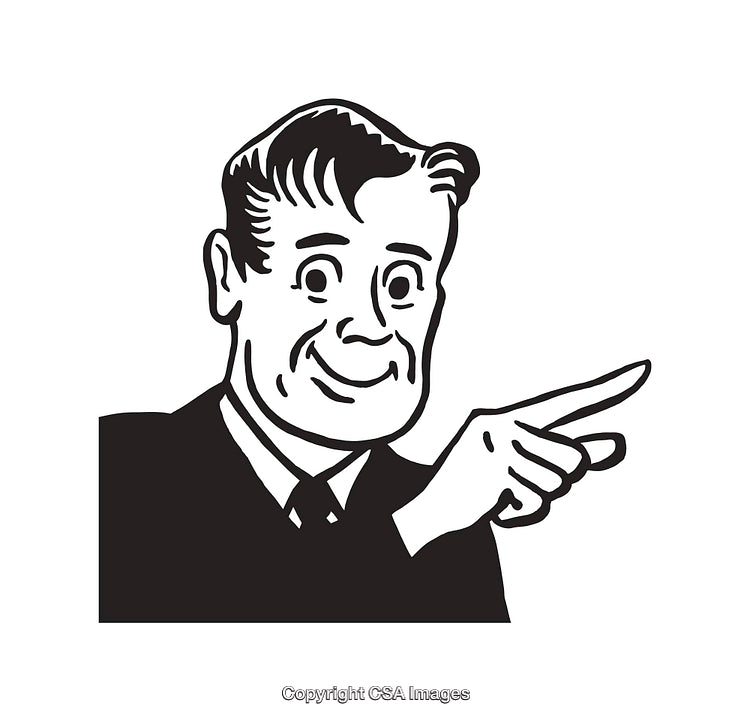 Black and White Illustration of Retro Man Making a Pointing Gesture