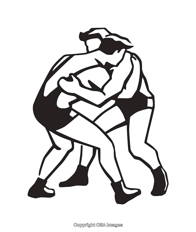 Black and White Line Art Illustration of Grappling Athletes in a Wrestling Match