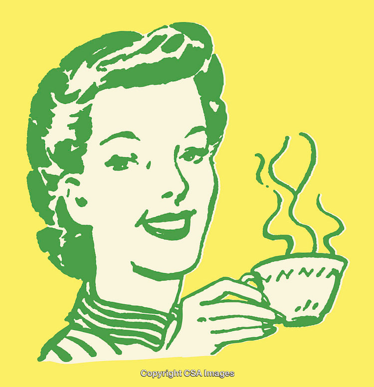 Retro Style Woman Enjoying a Hot Beverage on Yellow Background