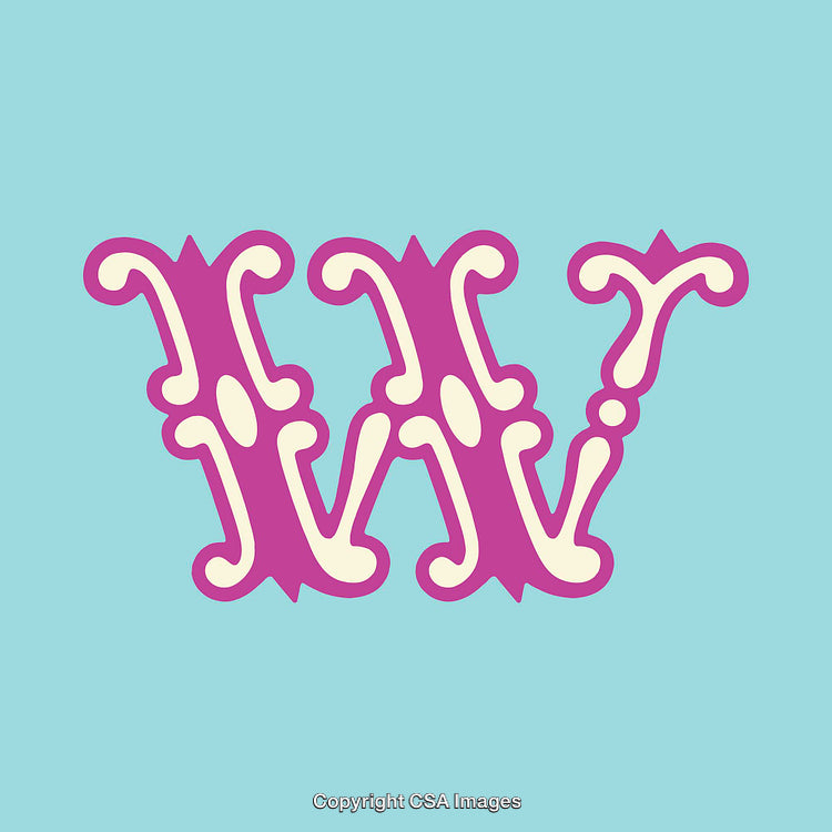Ornate Decorative Letter W in Pink with Light Blue Background