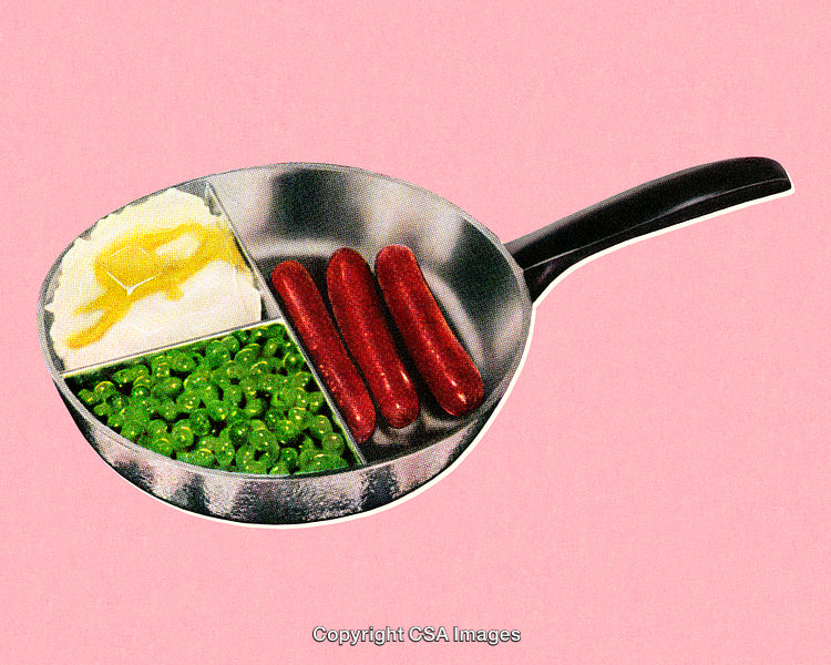 Retro Styled Divided Plate with Sausages, Peas, and Mashed Potatoes
