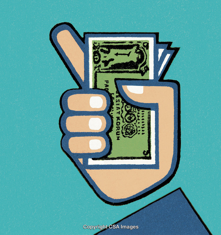 Illustration of a Hand Holding Money on a Blue Background