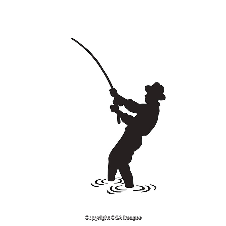 Silhouette of a Fisherman Holding a Fishing Rod in Water