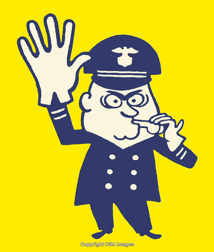 Colorful Cartoon Illustration of Police Officer Whistling Holding a Hand Up Signaling