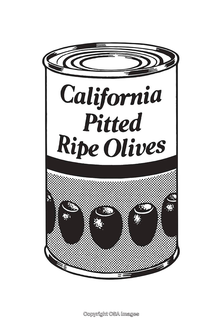 Black and White Line Art Illustration of a Canned Olives Label