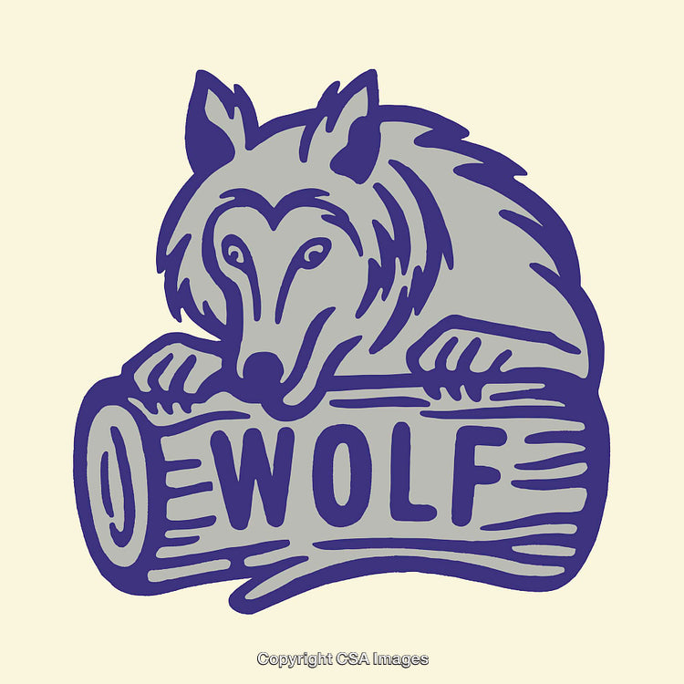 Illustrated Wolf Leaning on Log with Text in Line Art Style