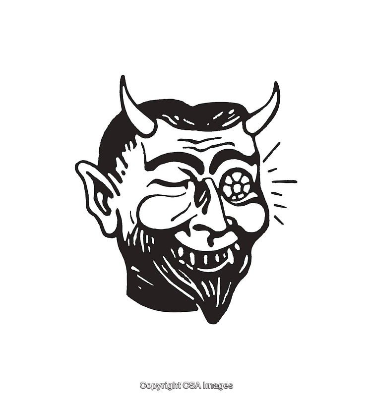 Black And White Artwork of A Devilish Grinning Cartoon