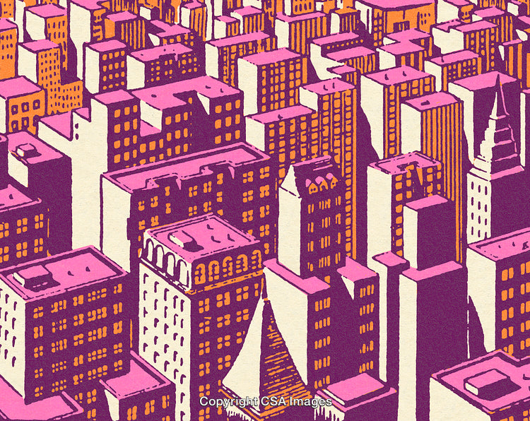 Stylized Illustration of a Colorful Urban Cityscape with High-Rise Buildings